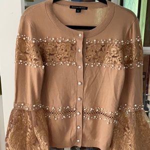 Boston Proper long sleeved, tan, mixed media cardigan. Size S